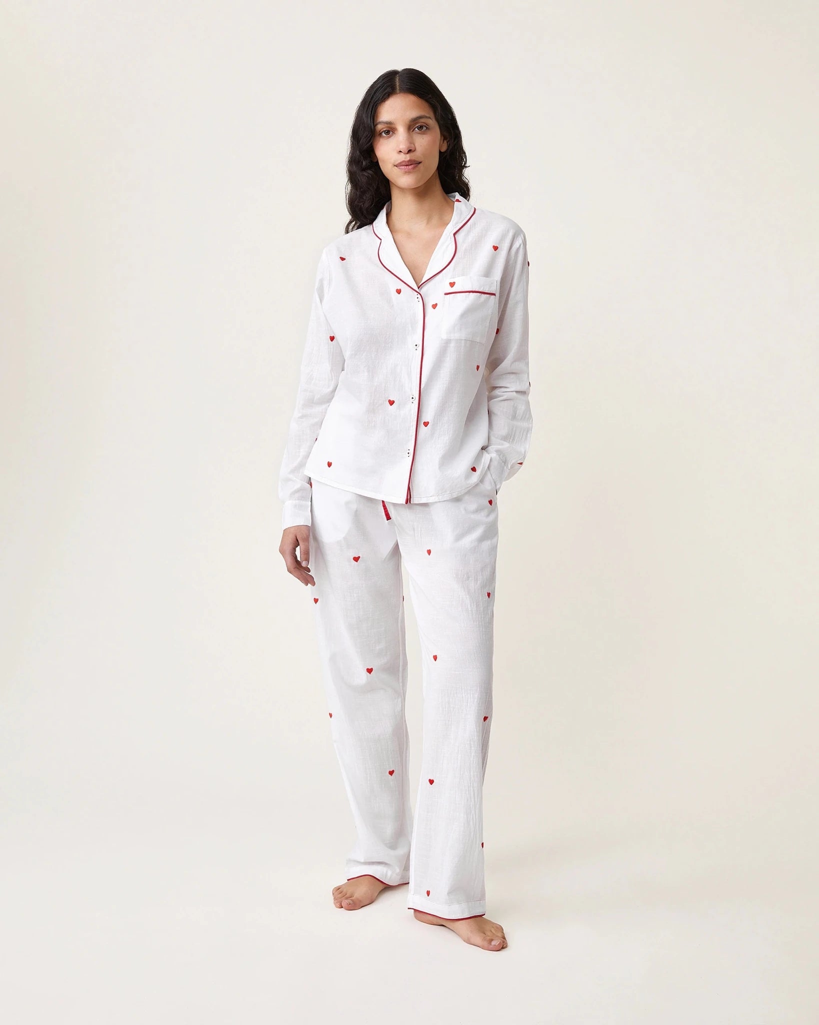 Pyjama Thelma broderies cœurs rouges - Scarlette Ateliers