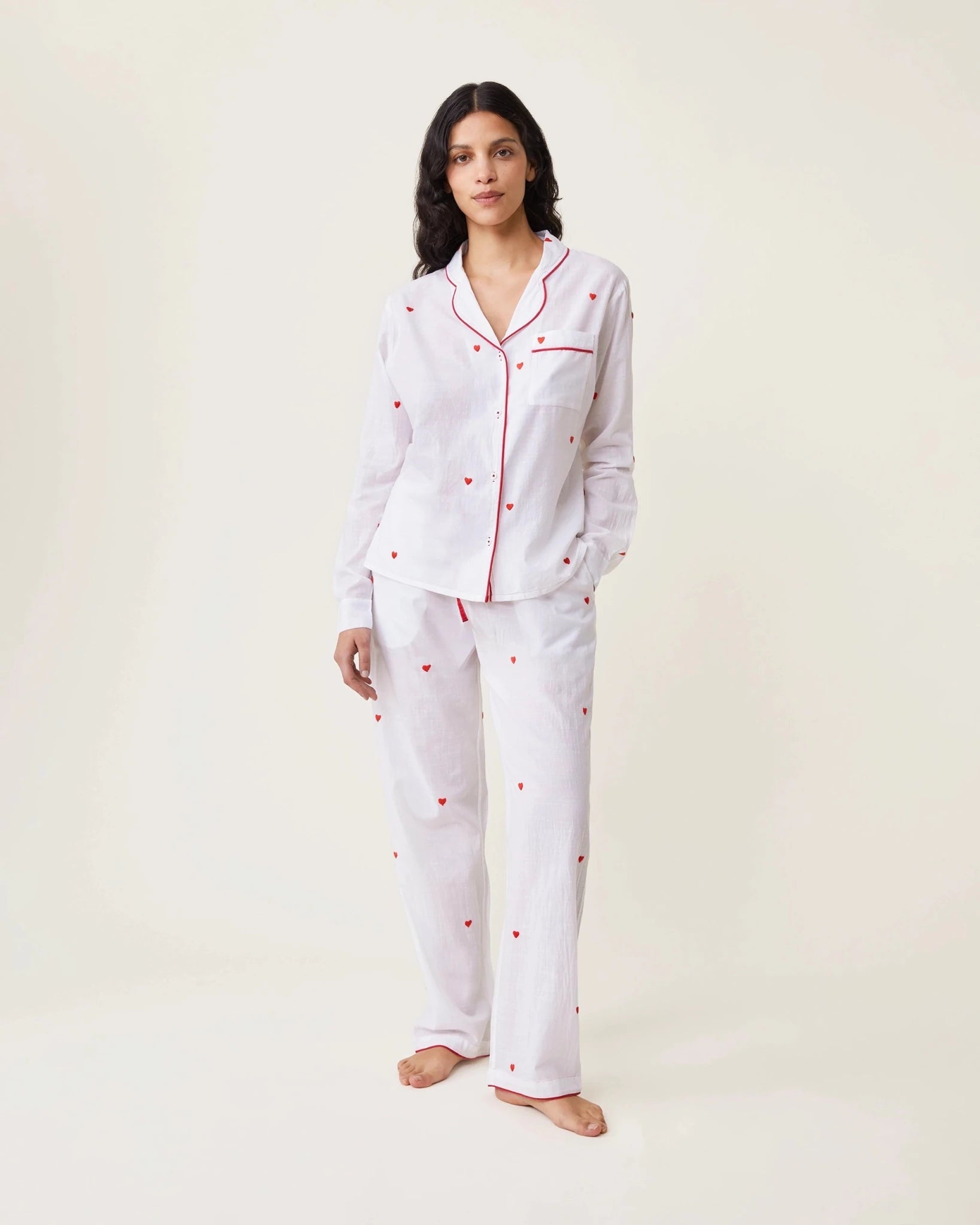 Pyjama Thelma broderies cœurs rouges - Scarlette Ateliers