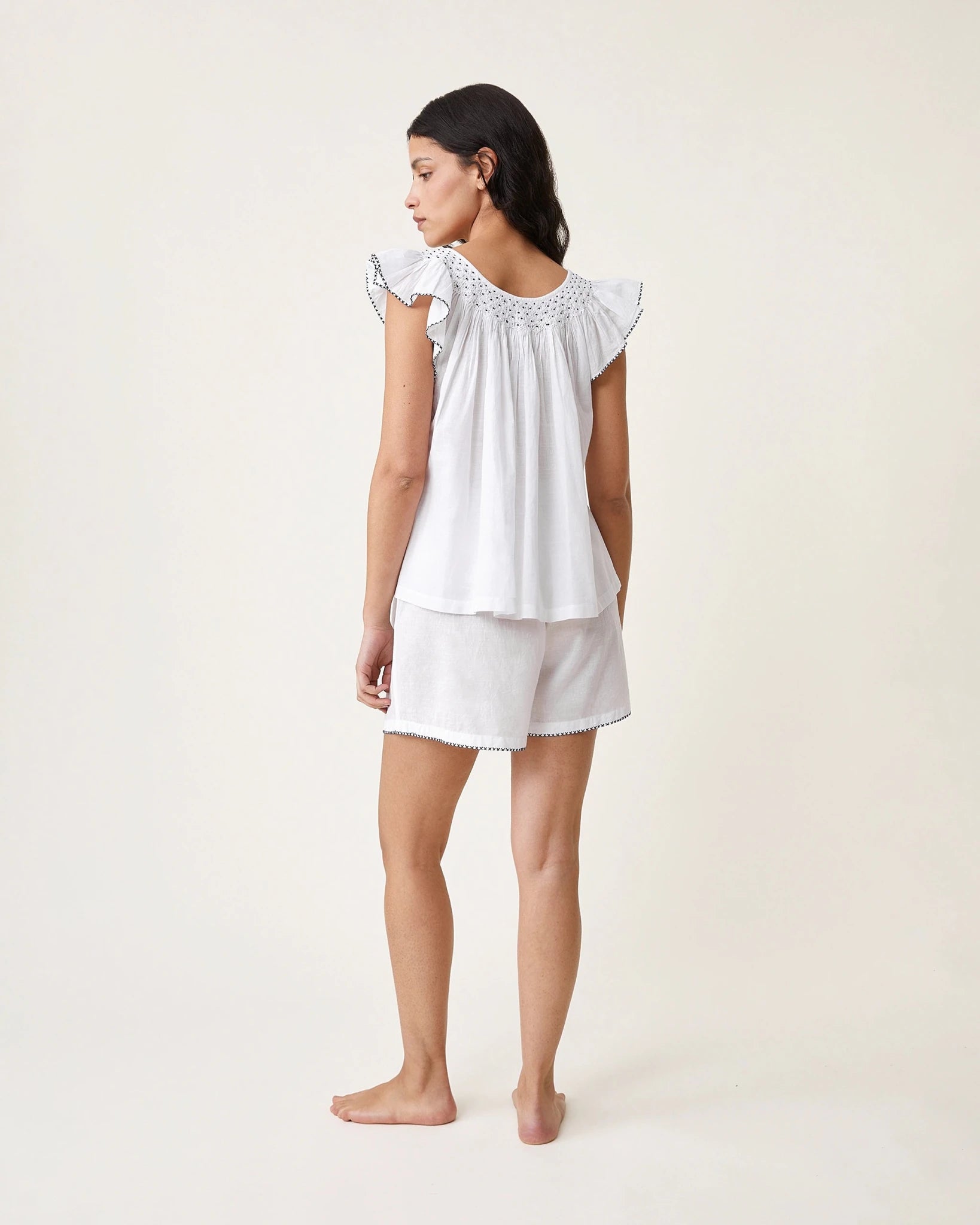 Pyjashort Sofia blanc broderies navy - Scarlette Ateliers