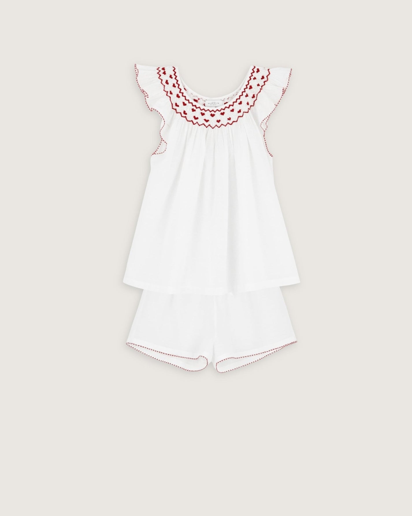 Pyjashort Sofia blanc broderies rouges - Scarlette Ateliers