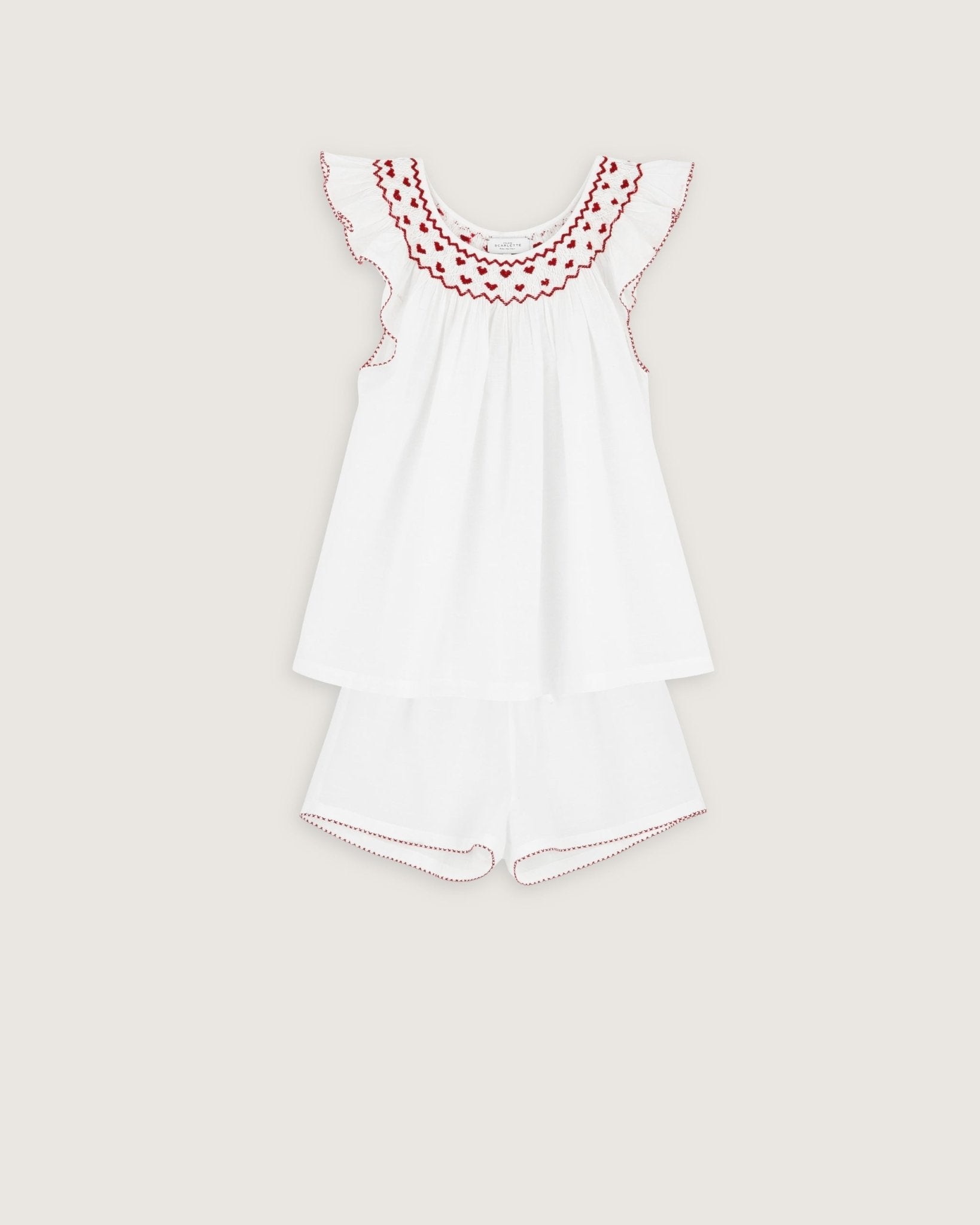 Pyjashort Sofia blanc broderies rouges - Scarlette Ateliers
