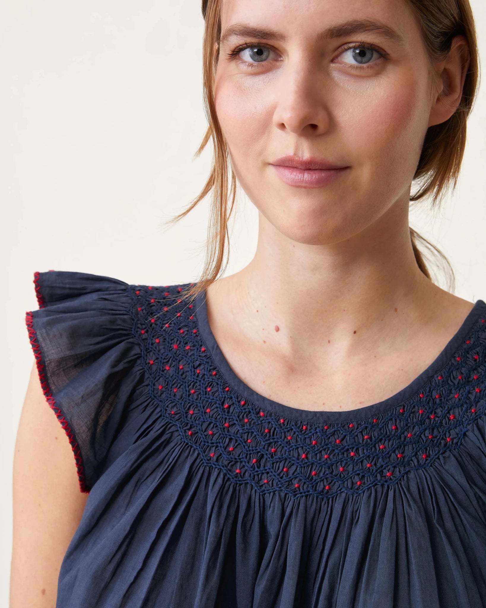 Pyjashort Sofia indigo broderies rouges - Scarlette Ateliers