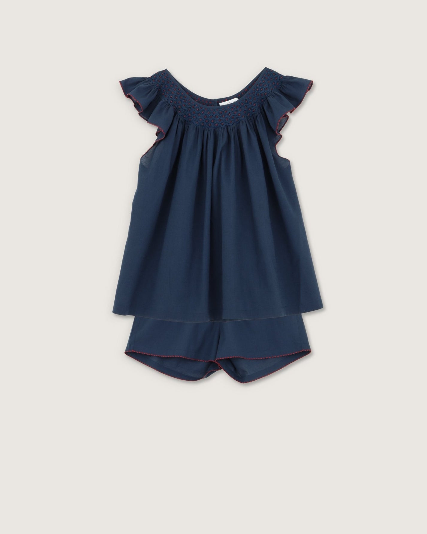 Pyjashort Sofia indigo broderies rouges - Scarlette Ateliers