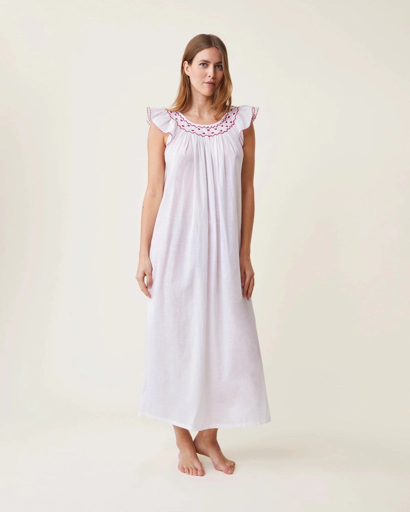 Robe de nuit Dona blanche broderies rouges - Scarlette Ateliers