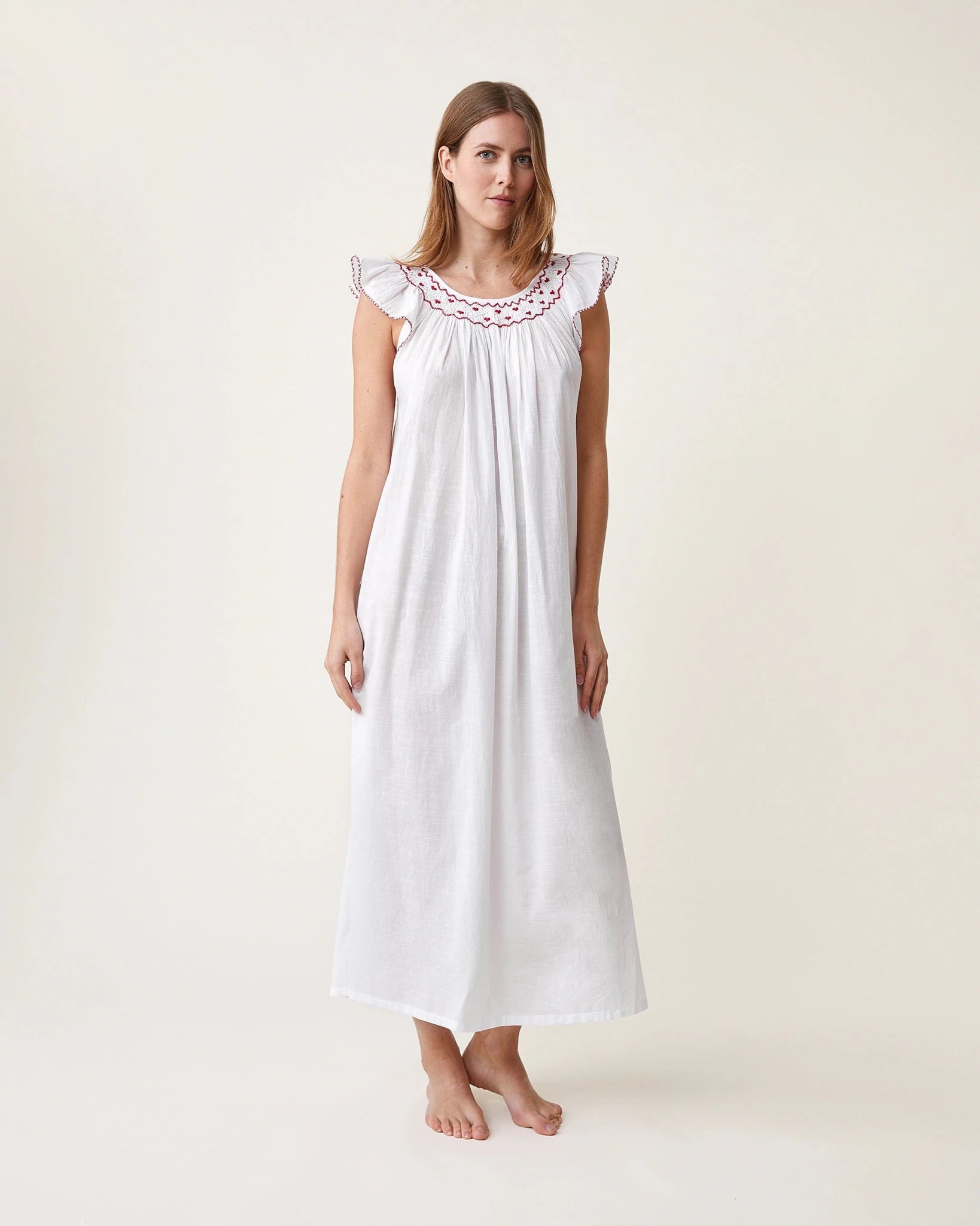 Robe de nuit Dona blanche broderies rouges - Scarlette Ateliers