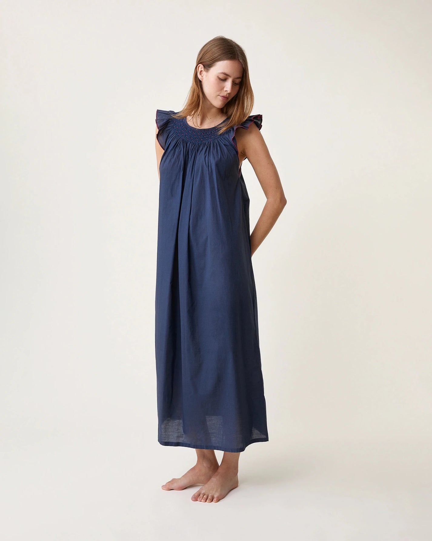 Robe de nuit Dona indigo broderies rouges - Scarlette Ateliers