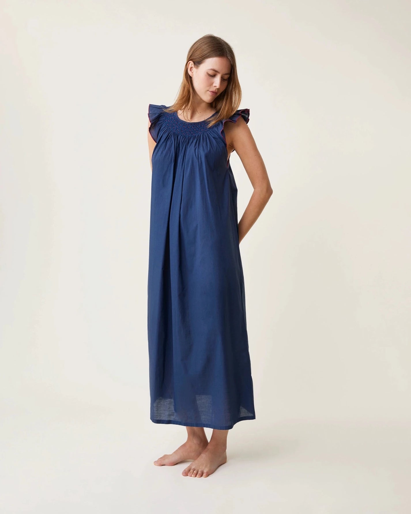 Robe de nuit Dona indigo broderies rouges - Scarlette Ateliers