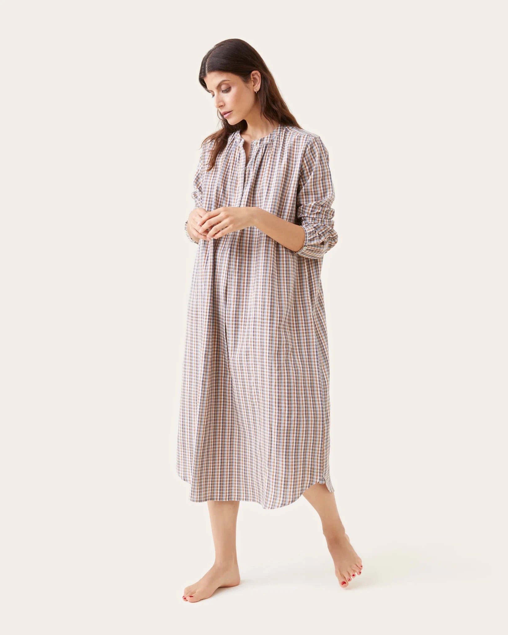Robe de nuit Janet carreaux moka - Scarlette Ateliers